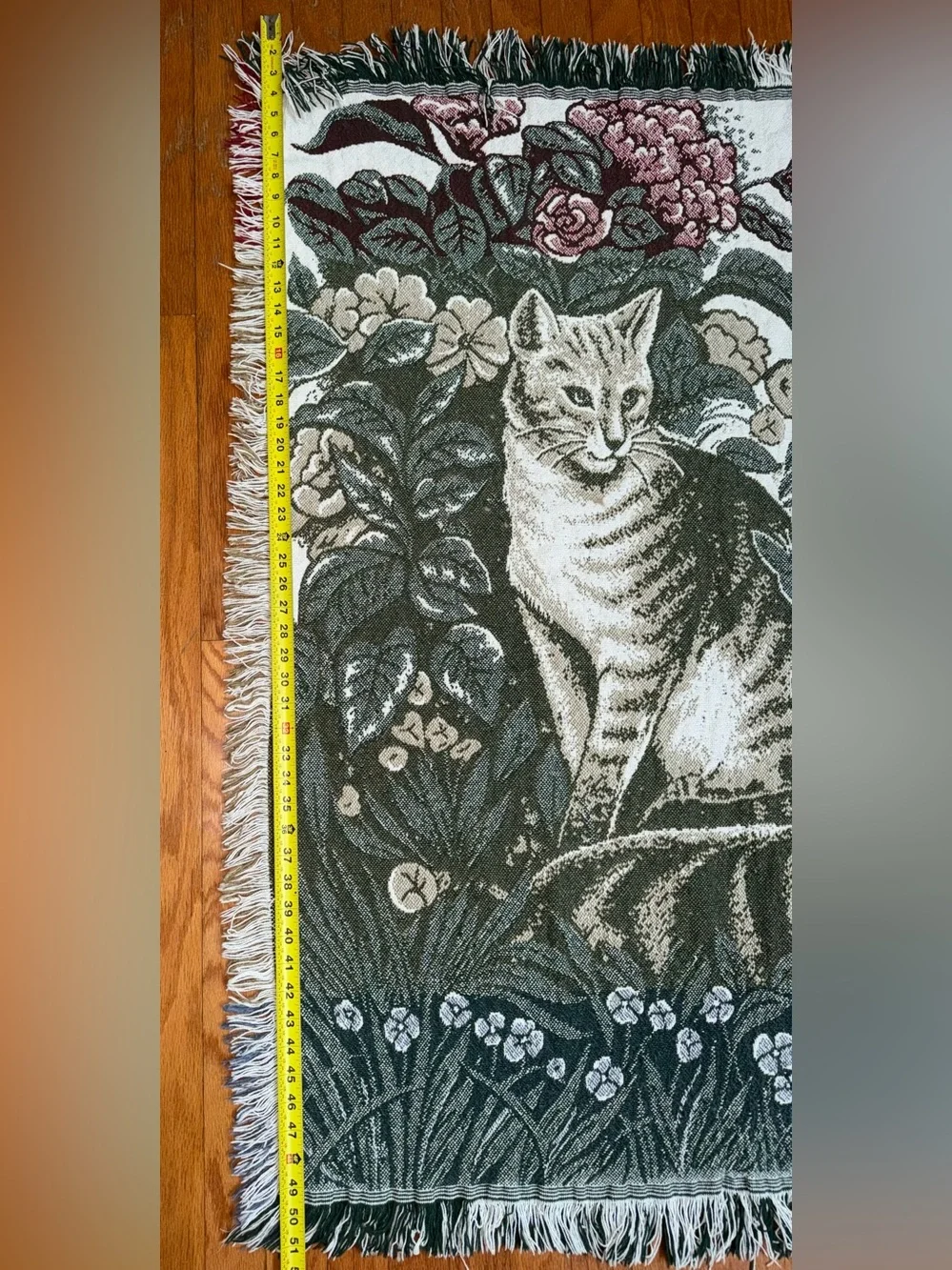 Vintage Woven Tapestry Throw Blanket Cats Garden Floral Fringe 40” X 51”